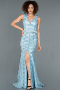 Abendkleid im Meerjungfrau-Stil Lang Guipure Spitze Eisblau ABU1184