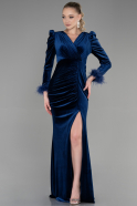 Abendkleid im Meerjungfrau-Stil Lang Samt Marineblau ABU3393