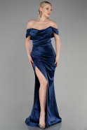 Abendkleid im Meerjungfrau-Stil Lang Satin Marineblau ABU3479