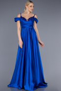 Saks Mavi Göğüs Taşlı Uzun Saten Abiye Elbise ABU3678