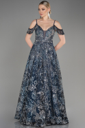 Lacivert İşlemeli Simli Uzun Nişan Elbisesi ABU3823