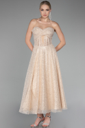 Beige Abendkleid Spitze Midi ABK2082