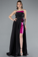 Abendkleid Lang Satin Fuchsie-Schwarz ABU4705