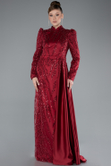 Hijab-Abendkleid Lang Perlenbesetzt Weinrot ABU4941