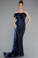 Abendkleid im Meerjungfrau-Stil Lang Perlenbesetzt Marineblau ABU4986