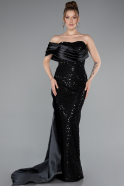 Abendkleid im Meerjungfrau-Stil Lang Perlenbesetzt Schwarz ABU4986