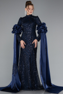 Hijab-Abendkleid Lang Perlenbesetzt Marineblau ABU4992