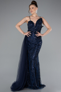 Abendkleid Lang Perlenbesetzt Marineblau ABU5003