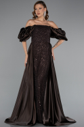 Dunkelbraun Abendkleid Perlenbesetzt Lang ABU5154