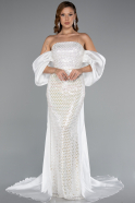 Abendkleid Lang Perlenbesetzt Weiß ABU5169