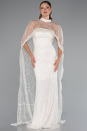 Weiß Abendkleid Perlenbesetzt Lang ABU5141