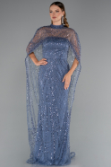 Grau-Indigo Abendkleid Perlenbesetzt Lang ABU5141
