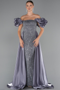 Grau Abendkleid Perlenbesetzt Lang ABU5154