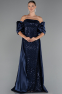 Abendkleid Lang Perlenbesetzt Marineblau ABU5234