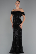 Abendkleid Lang Perlenbesetzt Schwarz ABU5239