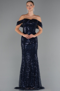 Abendkleid Lang Perlenbesetzt Marineblau ABU5239