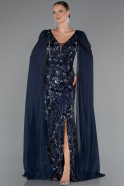 Abendkleid Lang Perlenbesetzt Marineblau ABU5248