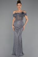 Anthrazit Abendkleid Perlenbesetzt Lang ABU5183
