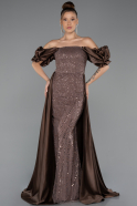 Abendkleid Lang Perlenbesetzt Braun ABU5154