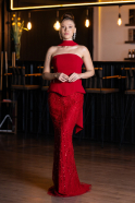 Rot Abendkleid Perlenbesetzt Lang ABU5131