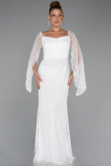 Weiß Abendkleid Perlenbesetzt Lang ABU5066