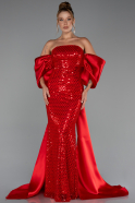 Rot Abendkleid Perlenbesetzt Lang ABU5169