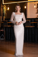 Beige Abendkleid Perlenbesetzt Lang ABU5165