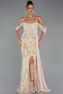 Abendkleid Lang Perlenbesetzt Beige ABU5316