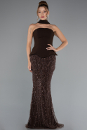 Braun Abendkleid Perlenbesetzt Lang ABU5131