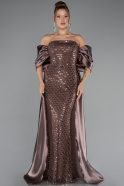 Braun Abendkleid Perlenbesetzt Lang ABU5234