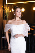 Abendkleid Lang Perlenbesetzt Weiß ABU5371