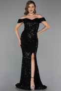 Abendkleid Lang Perlenbesetzt Schwarz ABU5401