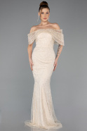 Beige Abendkleid Perlenbesetzt Lang ABU5371