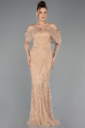 Gold Abendkleid Perlenbesetzt Lang ABU5371