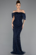 Marineblau Abendkleid Perlenbesetzt Lang ABU5371