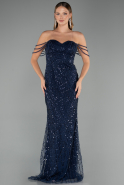 Abendkleid Lang Perlenbesetzt Marineblau ABU5477