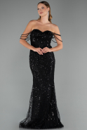 Abendkleid Lang Perlenbesetzt Schwarz ABU5477