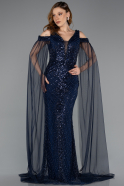 Abendkleid Lang Perlenbesetzt Marineblau ABU5497