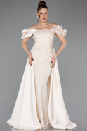 Beige Abendkleid Perlenbesetzt Lang ABU5154