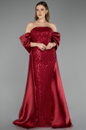 Weinrot Abendkleid Perlenbesetzt Lang ABU5234
