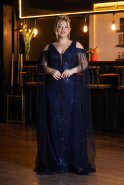 Abendkleid in Übergröße Lang Perlenbesetzt Marineblau ABU5498