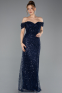 Abendkleid Lang Perlenbesetzt Marineblau ABU5557