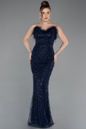 Abendkleid Lang Perlenbesetzt Marineblau ABU5590