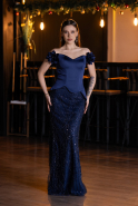 Abendkleid Lang Perlenbesetzt Marineblau ABU5616