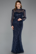 Abendkleid in Übergröße Lang Perlenbesetzt Marineblau ABU5643