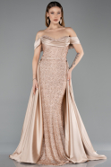 Beige Abendkleid Perlenbesetzt Lang ABU5542