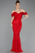 Rot Abendkleid Perlenbesetzt Lang ABU5557