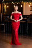 Rot Abendkleid Perlenbesetzt Lang ABU5492