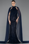 Abendkleid im Meerjungfrau-Stil Lang Perlenbesetzt Marineblau ABU5741