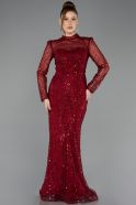 Weinrot Abendkleid Perlenbesetzt Lang ABU5638